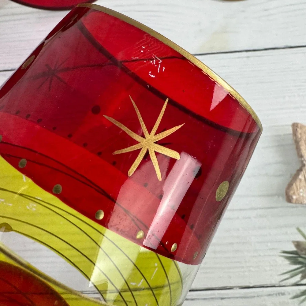 Wine Glasses Set of 4 Red Lime Green Hand Painted Starburst Festive Holidays